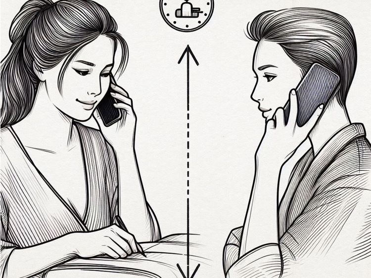 Illustration générée par IA de deux personnes au téléphone, l'une prenant des informations auprès de la seconde qui est une prestataire de service bien-être.