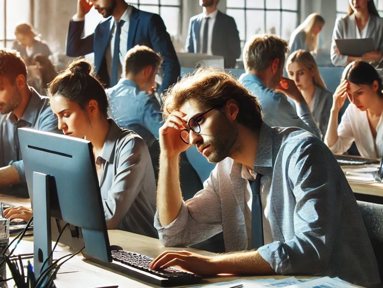 Un open space avec un grand nombre d'employés noyés sous le travail