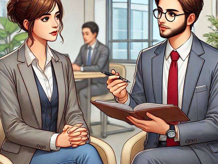 Illustration générée par IA d'un manager discutant avec son employée, prenant des notes à propos des réponses de celle-ci.