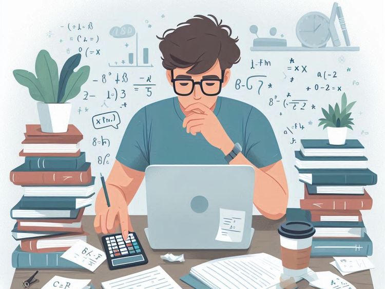 Illustration générée par IA d'un homme concentré sur son travail, devant son ordinateur, sa calculatrice et divers documents.