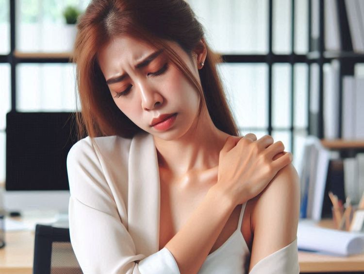 Image générée par IA d'une femme tenant son épaule gauche à cause d'une douleur.