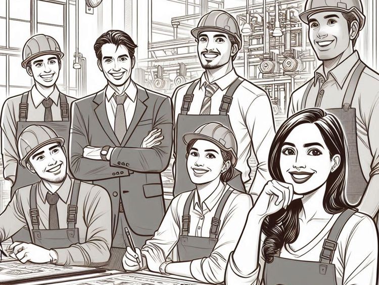 Illustration générée par IA d'une équipe d'ouvrirers et de son manager, souriant, autour de plans.
