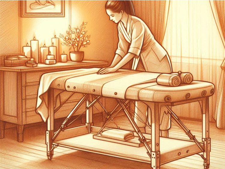 Illustration générée par IA d'une femme préparant une table de massage avant une prestation.