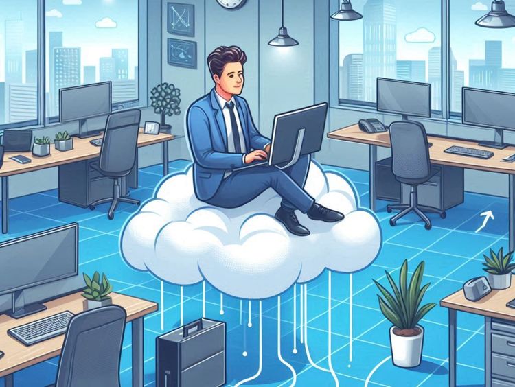 Illustration générée par IA d'un employé de bureau travaillant assis sur un nuage