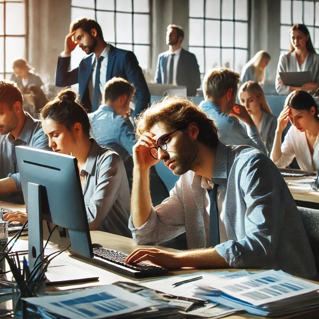 Un open space avec un grand nombre d'employés noyés sous le travail