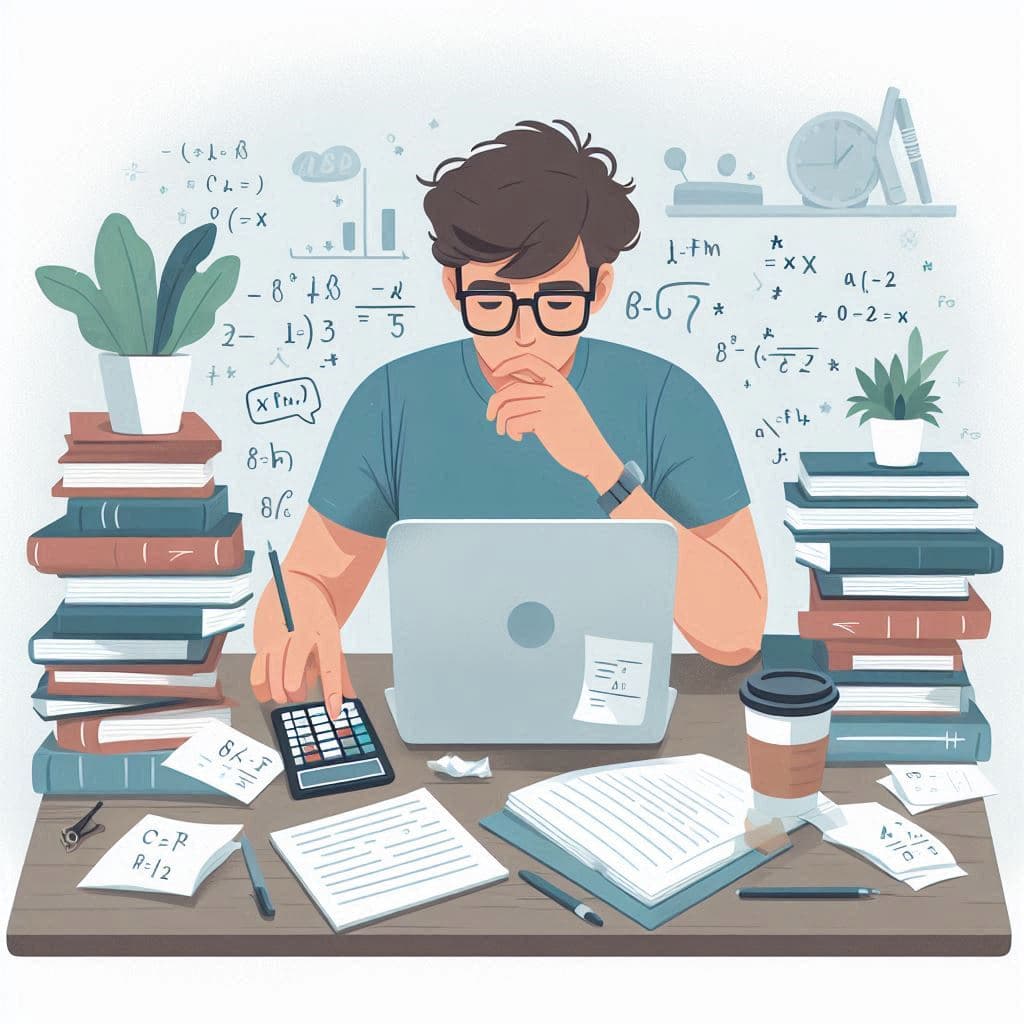 Illustration générée par IA d'un homme concentré sur son travail, devant son ordinateur, sa calculatrice et divers documents.