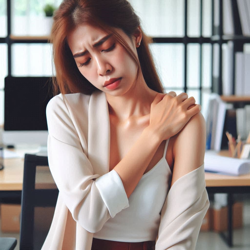 Image générée par IA d'une femme tenant son épaule gauche à cause d'une douleur.