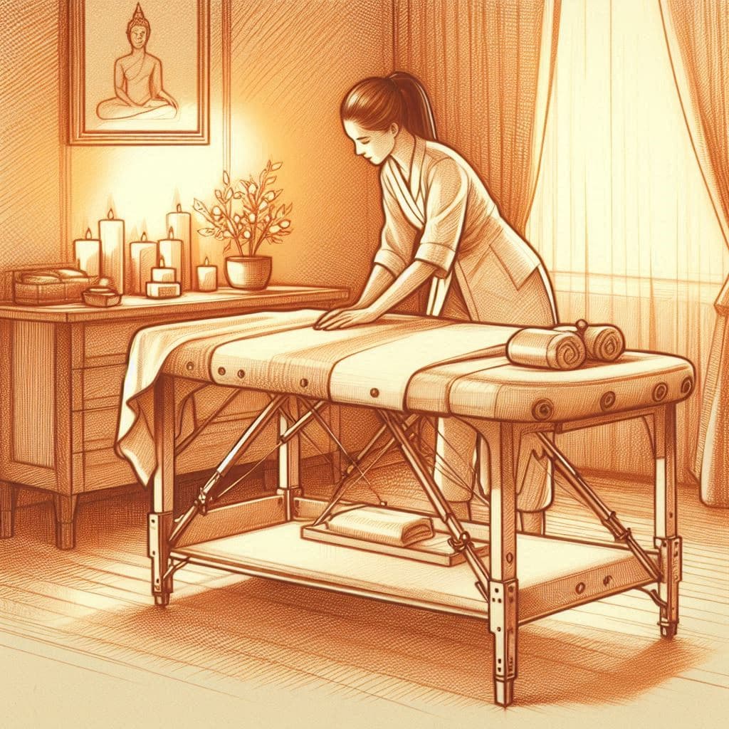 Illustration générée par IA d'une femme préparant une table de massage avant une prestation.