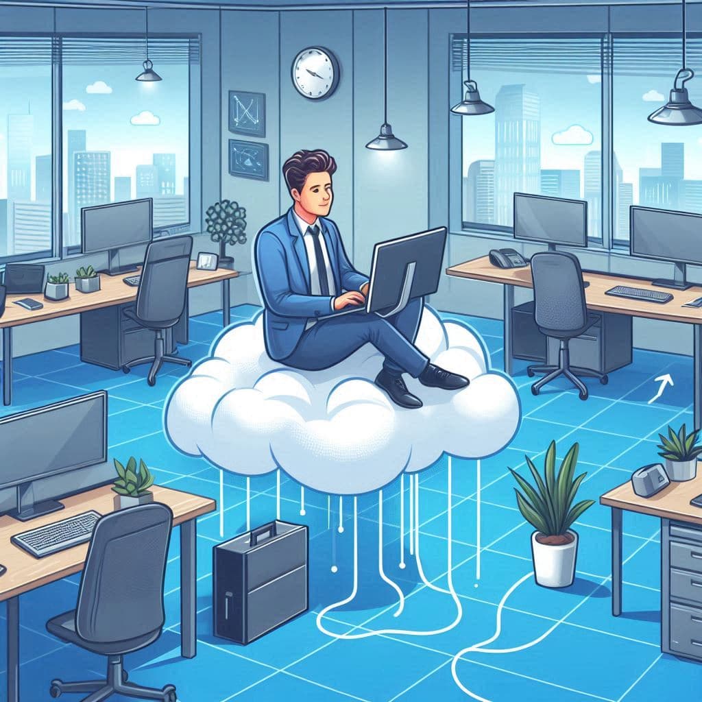 Illustration générée par IA d'un employé de bureau travaillant assis sur un nuage