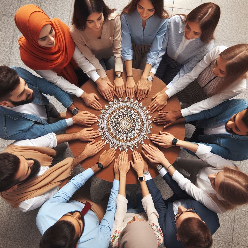 Image générée par IA d'un groupe de personne autour d'une table ronde, les mains posées sur la table.